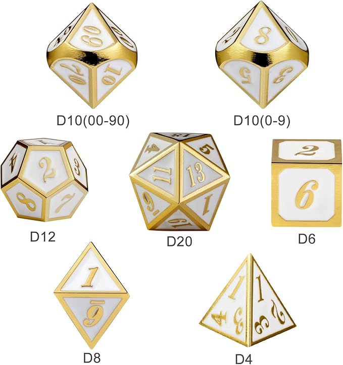 DnDnD White with Gold Number DND Dice Sets,Solid Metal Die with Free Gorgeous Metal Tin for Dungeons and Dragons D&D Role Playing Game Tabletop Games