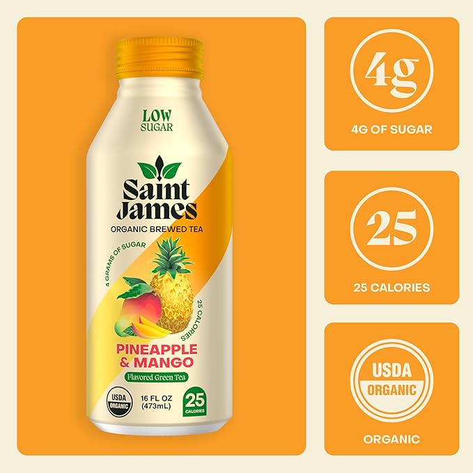 Saint James Iced Tea - Organic Green Tea - Non GMO, Gluten Free, Low Calorie & Low Sugar - Pineapple & Mango, 12 Pack (16 fl oz each)