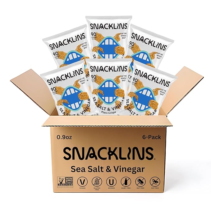 SNACKLINS Plant Based Crisps SEA SALT & VINEGAR - Gluten Free, Grain Free, 100% Kosher, Vegan Healthy Snacks, Crunchy Puffed Snack, Only 100 Calories Per Bag - .9oz Bag (Case of 6)