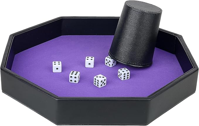 Dice Rolling Tray, Purple Felt Lined PU Leather Octagon Dice Tray for Dungeon Crawler Games