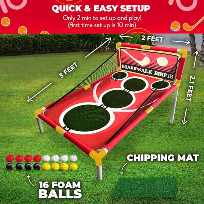 SWOOC Games - Boardwalk Birdie™ | Arcade Style Golf Game w/Easy Setup & 10+ Games Included | Golf Chipping Game | Golf Games for Adults Indoor & Outdoor | Backyard Golf Game | Golf Cornhole Game