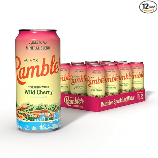 AUTX RAMBLER Sparkling Water, Texas Limestone Mineral Blend, Wild Cherry Flavor, 16-Ounce Tallboy Cans, 12-Pack