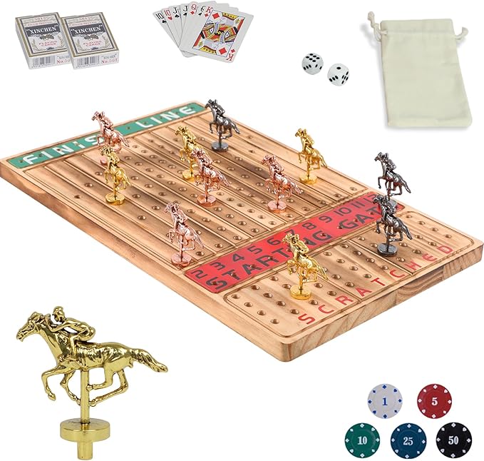 HOROW Horse Racing Board Game Solid Wood Horse Race Card and Dice Board Game Luxury Edition Set with 11 Metal Horses,100 Poker Chips,2 Dices and 2 Boxes of Cards, 15 Inch Light Flame