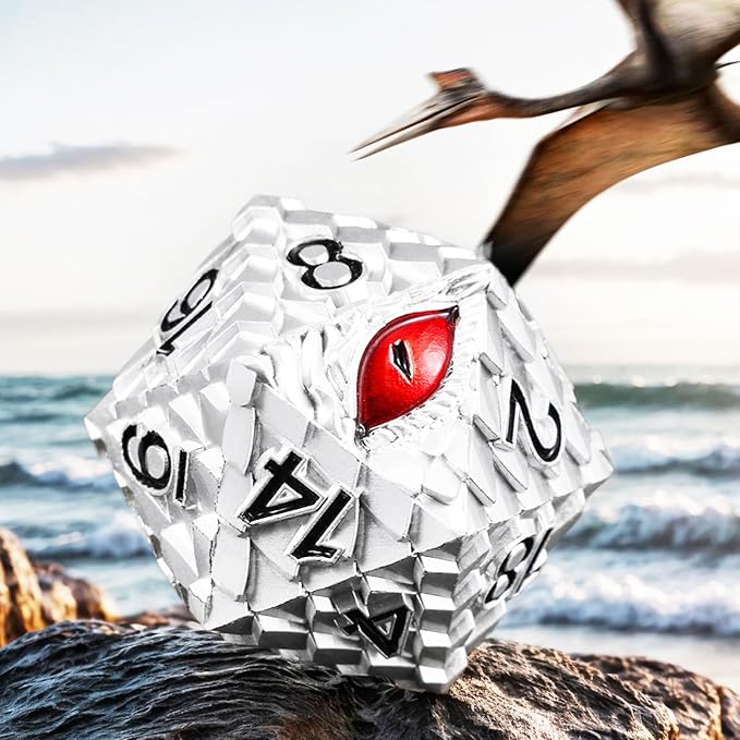 Metal D20 DND Dice Set - Dragon Scale Metallic 20 Sided Giant Polyhedral Dice,35mm Large Dragon Eye Metal D&D Dice Set for Dungeons and Dragon Tabletop Game(White Dragon Scale)