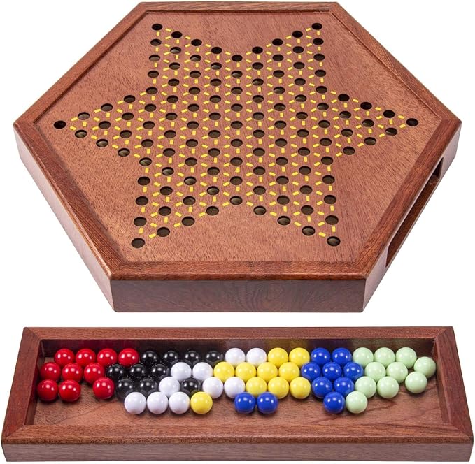 AMEROUS 12.5 inches Wooden Chinese Checkers Set with Storage Drawer - 60 Acrylic Marbles in 6 Colors - 12 Bonus Spare Marbles, Classic Strategy Family Board Game for Kids and Adults