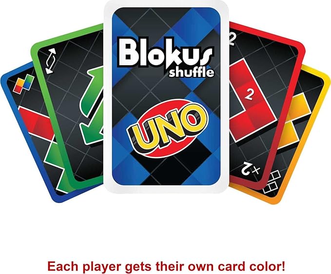 Mattel Games Blokus Shuffle UNO Edition Strategy Board Game, Family Game with Colorful Pieces and UNO-Themed Action Cards