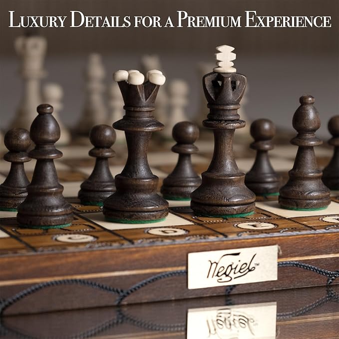 Wegiel Handmade Junior European International Chess Set - 16 Inch Luxury Wooden Chess Set for Adults and Kids, Premium Beech and Birch Wood - Unique Folding Design with Storage