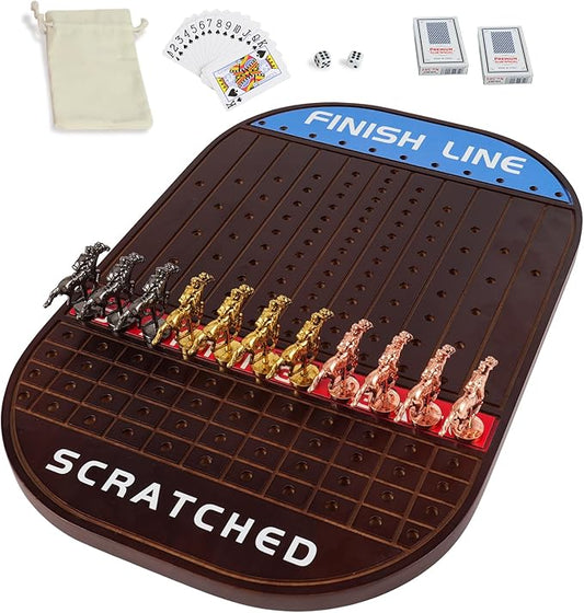 Horse Race Board Game Racing Game Thickened Solid Wood with 11 Luxurious Durable Classic Metal Horses with 4 Dice and 2 Boxes of Cards Horse Racing Game(Small Circular，Walnut) (Walnut)…