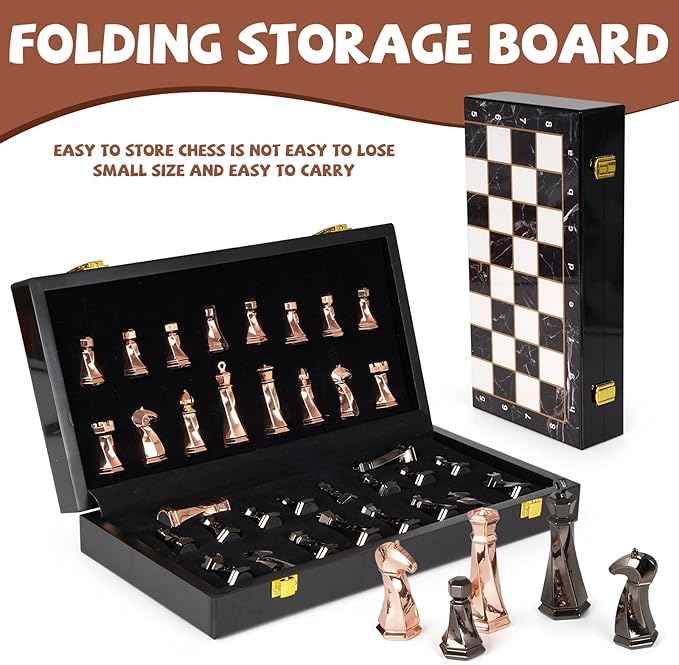 Metal Chess Set for Adults and Kids – 15" Wooden Chess Board with Modern Metal Chess Pieces Travel Chess Sets with Metal Chessmen – Collectible Elegant Chess Game – Family Vintage Board Game