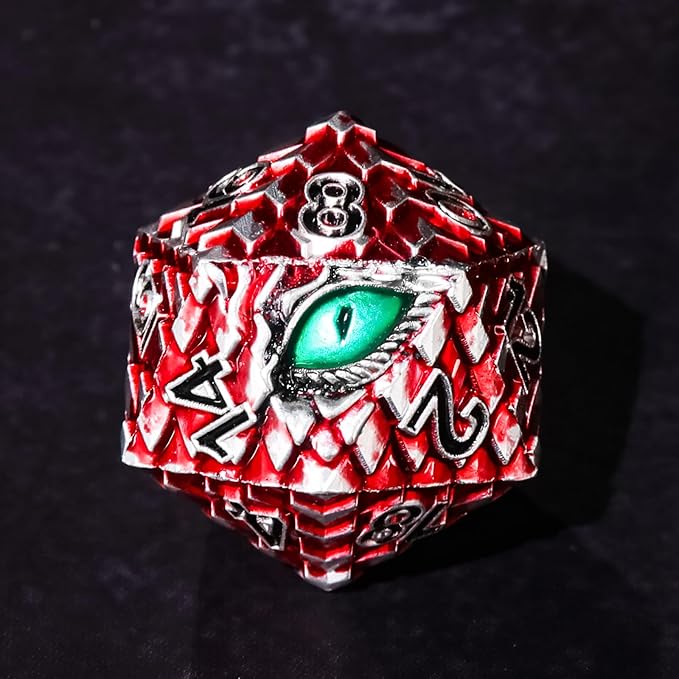 Dragon Eye Metal Dice Set - 7 Pcs Dragon Scale Metallic D&D Dice, Gift Box (Red Dragon Scale & Green Eye)