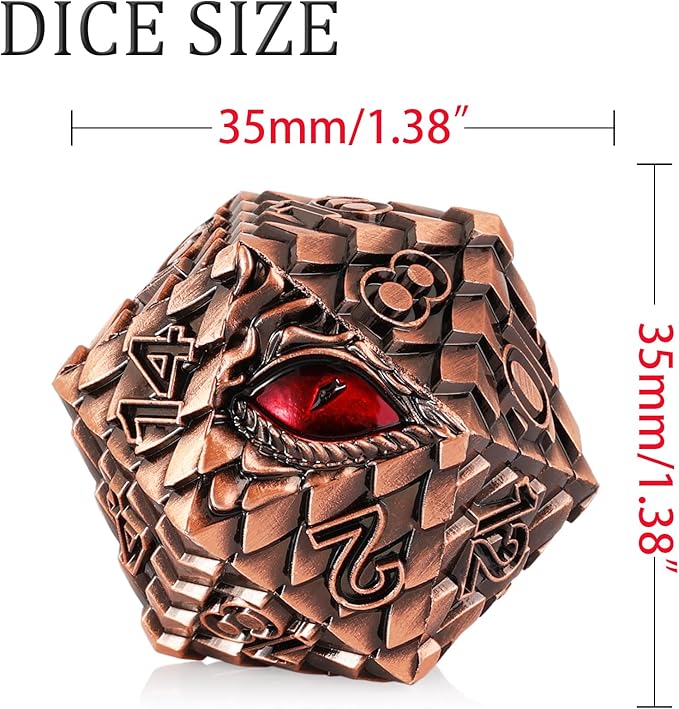 Metal D20 DND Dice Set - Dragon Scale Metallic 20 Sided Giant Polyhedral Dice,35mm Large Dragon Eye Metal D&D Dice Set for Dungeons and Dragon Tabletop Game(Red Copper Dragon Scale)