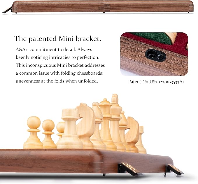 A&A Premium Natural Walnut Folding Chess Board Game Set, 15" Wooden Chess Board & 3" King Height Staunton Chess Pieces with 2 Extra Queens, Portable Travel Chess Set with Storage Bag for Adults & Kids