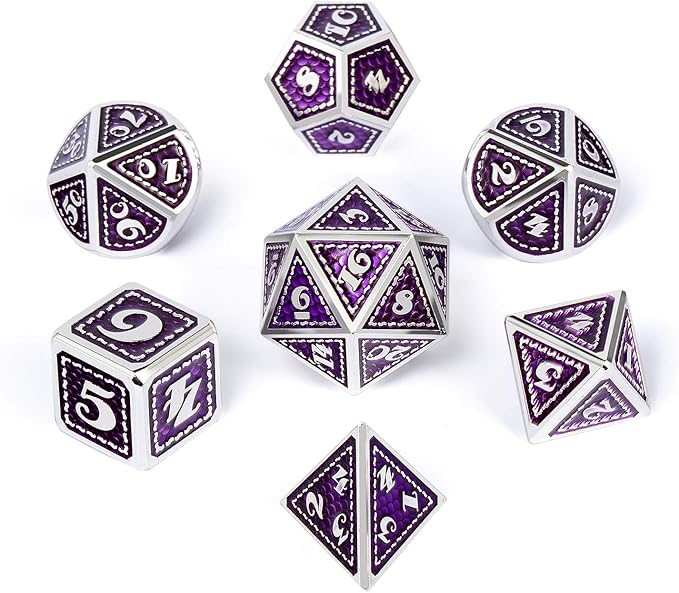 DNDND Metal Dice Set, 7 Pieces Polyhedral Dragon Scale Metallic Die with Gift Metal Case for Dungeons & Dragons D&D (Purple with Silver Edge)