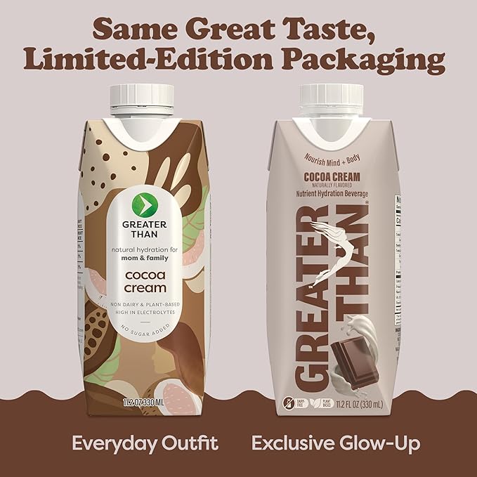 Greater Than Nutrient Hydration Beverage, Electrolyte Drink for Gut Health & Energy with Coconut Water, Vitamins, Gluten Free, Plant Based, Low Sugar, Cocoa Cream, 12 Pack