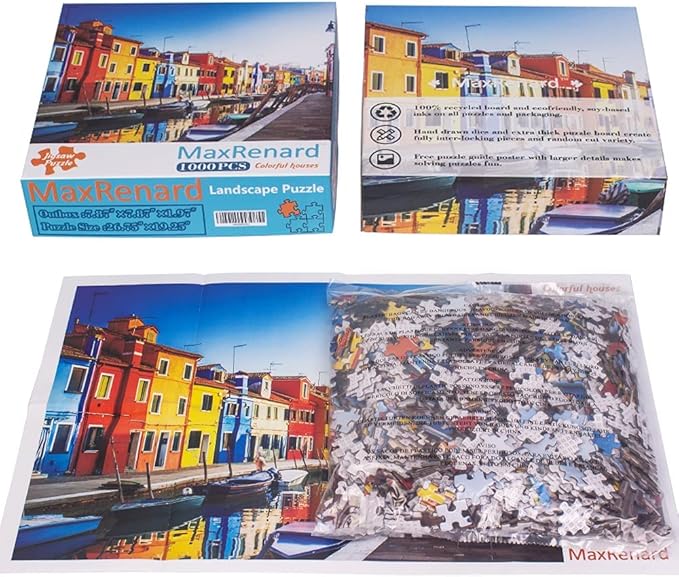 MaxRenard Brilliant Landscape Jigsaw Puzzle 1000 Pieces for Adults Colorful Venice Burano Island Home Wall Decoration Family Game Gift