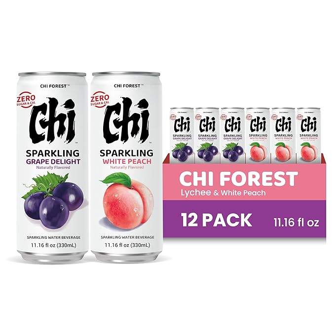 CHI FOREST Sparkling Water Beverage, Peach & Grape drinks, Zero Sugar or Artificial Flavor, 11.16 fl oz Cans (Pack of 12)