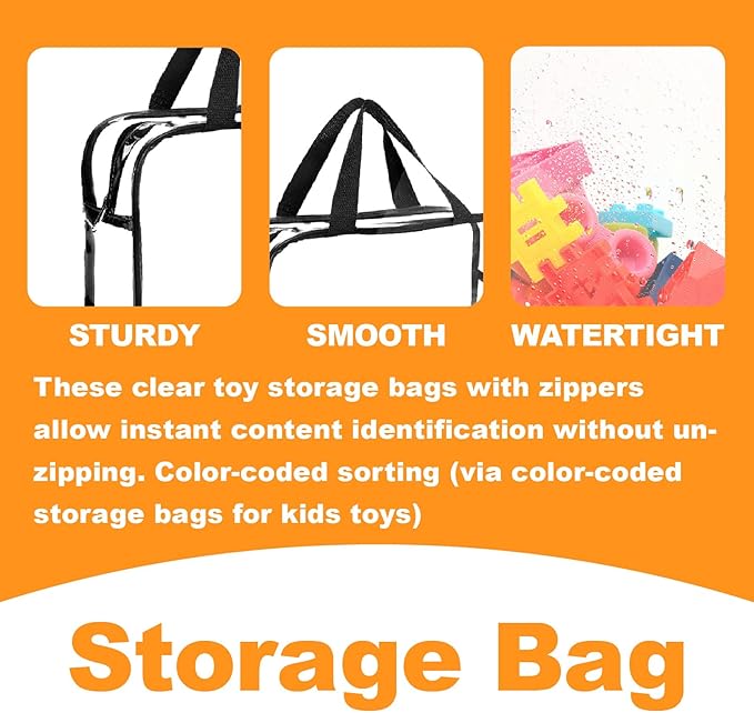 Clear Storage Bag with Zipper - Organizing Bags for Home Travel with Handles - for Building Blocks, Puzzle, Book, Board Game(Black, 6 Packs)