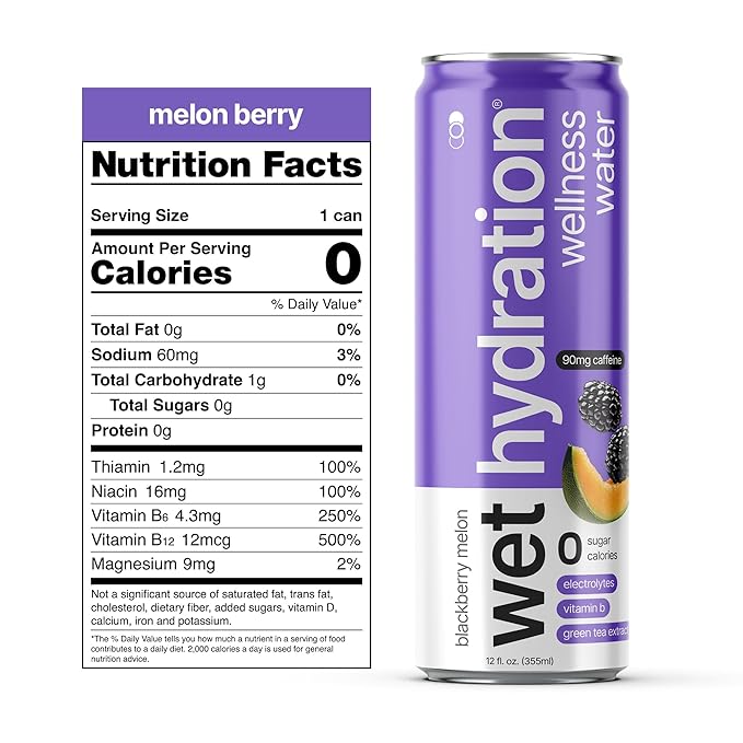 Zero Calorie, Functional Wellness Water - Blackberry Melon (12 Ounce Cans, Pack of 12) - Flavored Water, Hydration Drink, No Sugar, No Artificial Ingredients, Zero Calories (Packaging May Vary)