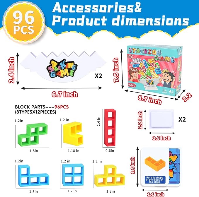 96PCS Stack Game for Adult & Kids, Tetra Board Tower Games for Family Travel Party, 4 Players Balance Stacking Toy, Team Toys Building Block