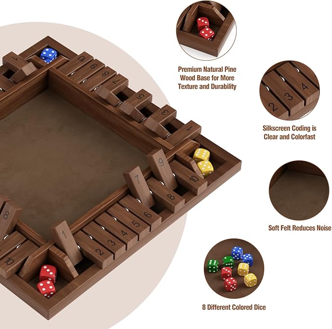 Shut The Box Game Wooden 1 2 3 4 Players Shut The Box Board Games with 8 Dice Math Addition and Pub Close The Box Game Wodden for Kids & Adults 12 Inch