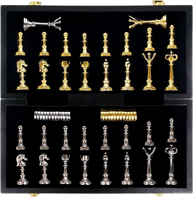 Metal Chess Set and Checkers Game Set 15 inch(2 in 1) Chess Board Games for Adults Kids Metal Chess Pieces & Portable Folding Wooden Chess Board Travel Chess Sets Metal Chess Pieces with Storage Box