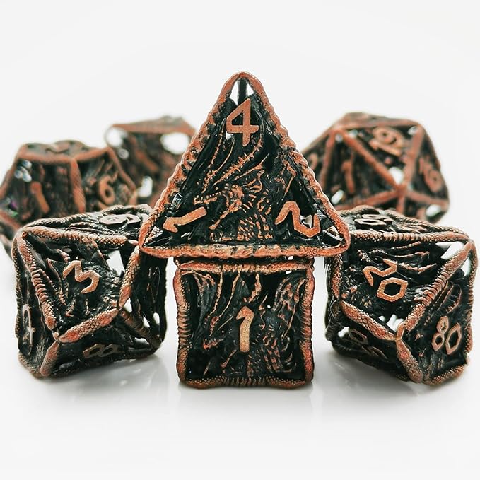 HAOMEJA Dice Hollow DND Dragon Metal Dice Set 7 Role Playing Dice D&D Dungeons and Dragons Dice (Antique Red Copper)