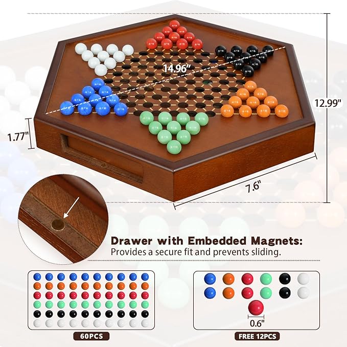 15" Large Upgraded Wooden Chinese Checkers Game Board – Premium 16mm Glass Marbles (60 + 12 Extras), Easy Grip, Storage Drawer, Ideal Multi-Player Puzzle Game for 2-6 Players