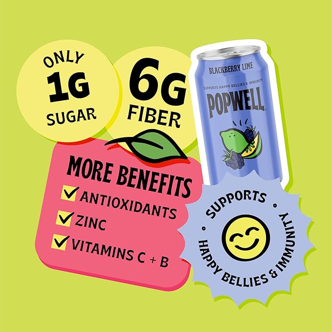 Popwell Blackberry Lime Better-For-You Prebiotic Soda, with 6g Fiber, 1g Sugar, Vitamins and Immunity Support, 12 fl oz Cans (pack of 12)