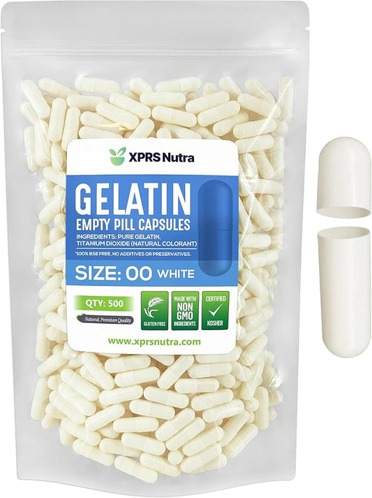 XPRS Nutra Size 00 Empty Capsules - 500 Count Empty Gelatin Capsules - Empty Pill Capsules - DIY Capsule Filling - Fillable Pill Capsules Empty Gel Caps (White)