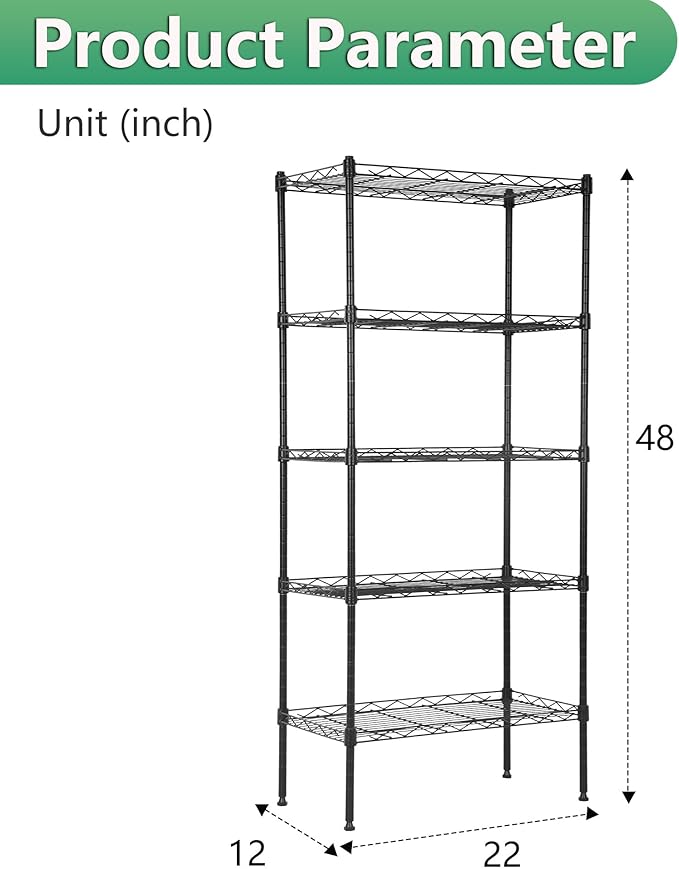 BestOffice Garage Shelving 5 Tier Metal Storage Shelves 750lbs Weight Capacity Heavy Duty Wire Shelving NSF Certified Utility Shelves with Leveling Feet for Garage Home Office, Black