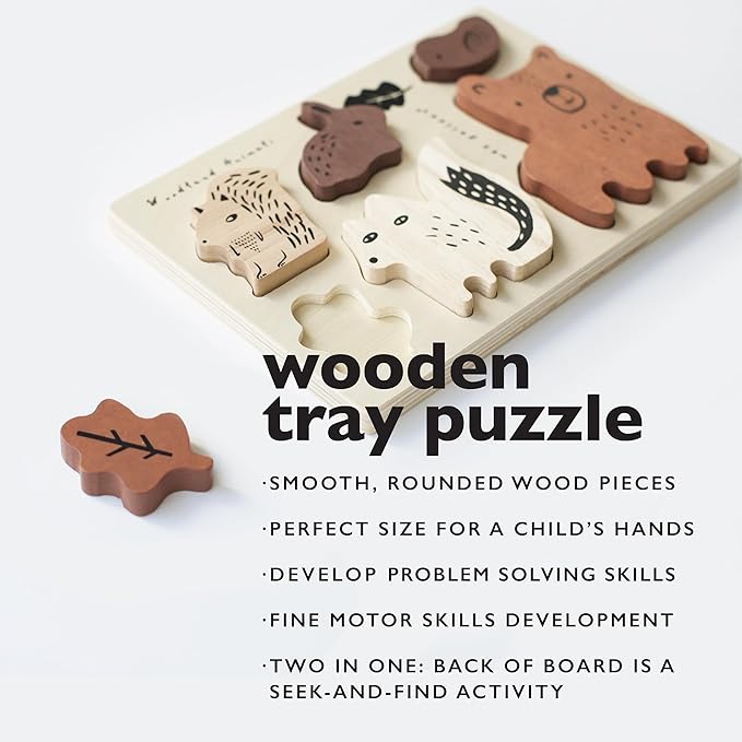 Wee Gallery Wooden Tray Puzzle Woodland Animals, Montessori Toy for Toddlers and Preschoolers for Early Learning and Fine Motor Skill Development, Sustainable Educational Puzzle for Kids