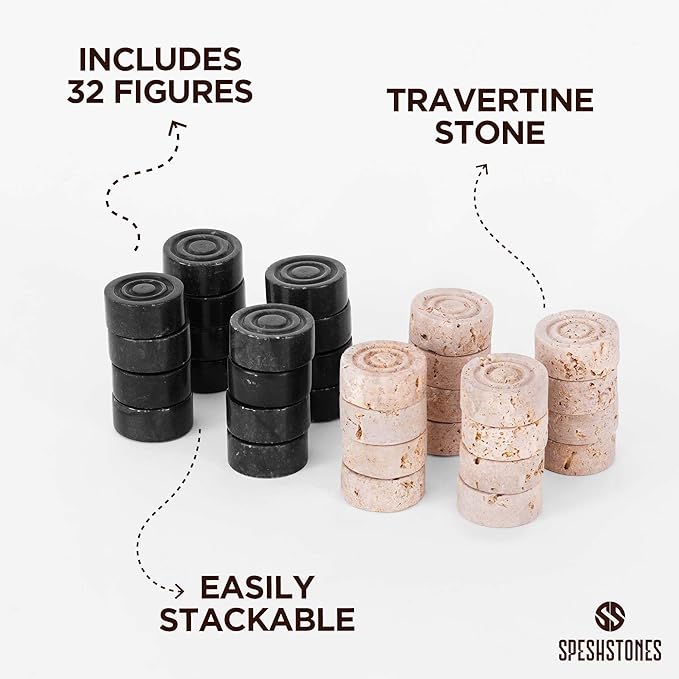 Marble Checkers 1.25 Inch Black and Travertine Stone Pieces for Classic Checker Board Games, Tabletop Strategy Set for Adults & Family, Travel and Outdoor Play