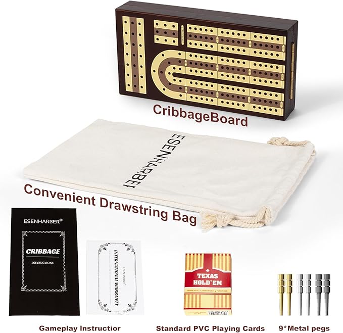 Foldable Wooden Cribbage Board Set - Elegant 3-Track Design with Magnetic Closure, 9 Metal Pegs, Full Deck of Cards, Perfect for Family Game Nights and Travel