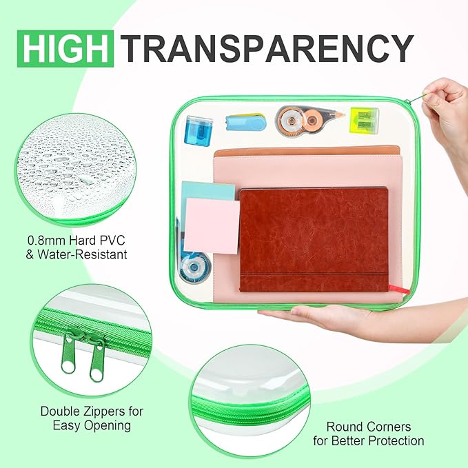 Hoolerry 4 Pcs Hard Clear Zipper Case Transparent Cases for Snacks Makeup Bag Plastic Storage Box Containers for Building Blocks, Puzzles, Cosmetics(Fluorescent,13.8 x 11.8 x 2 in)