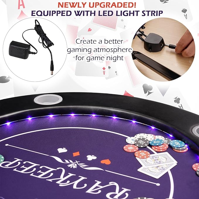 71" LED Poker Table - 8 Player Foldable Texas Hold'em Table with Built-in LED Lights, Padded Rails & 8 Cup Holders, Portable Casino Card Table for Home Game Room & Parties