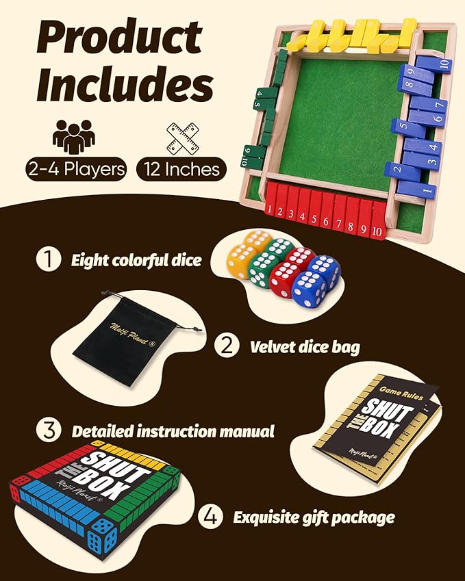 Large Shut The Box for 2 4 Players Math Family Game Night Quick Dice Game for Party Camp Bar Travel Class School Wooden Table Top Board Game for Adults Kids Couple Elder 12" Classic