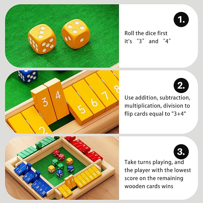 Winbar Shut The Box Dice Game, 2-4 Player Wooden Board Game with 8 dice Suitable for Gatherings classrooms Bars Math Games and Classic Tabletop Games with 8 dice