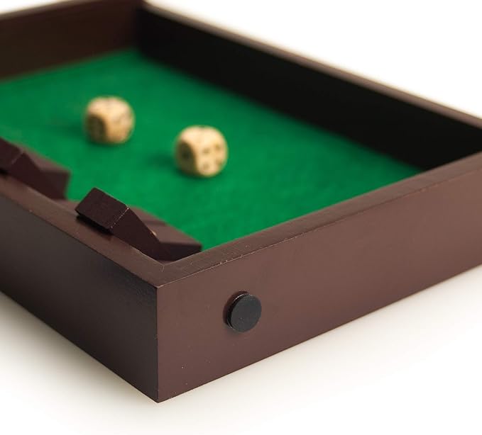 STERLING Games Wooden Shut The Box Game 12 Numbers with Home Decor Design Lid Cover and Felted Rolling Surface, Brown