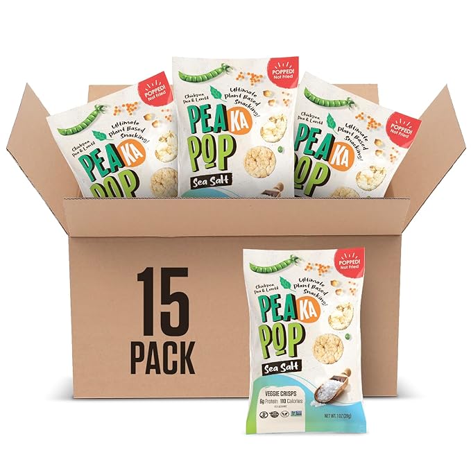 PeaKaPop Veggie Chips – Plant-Based, Healthy Veggie Crisps with Pea, Lentil & Chickpea Protein – Vegan, Gluten-Free, Popped Chips – Snack Size for Kids & Adults – 1 oz Bags (15-Pack) – Sea Salt