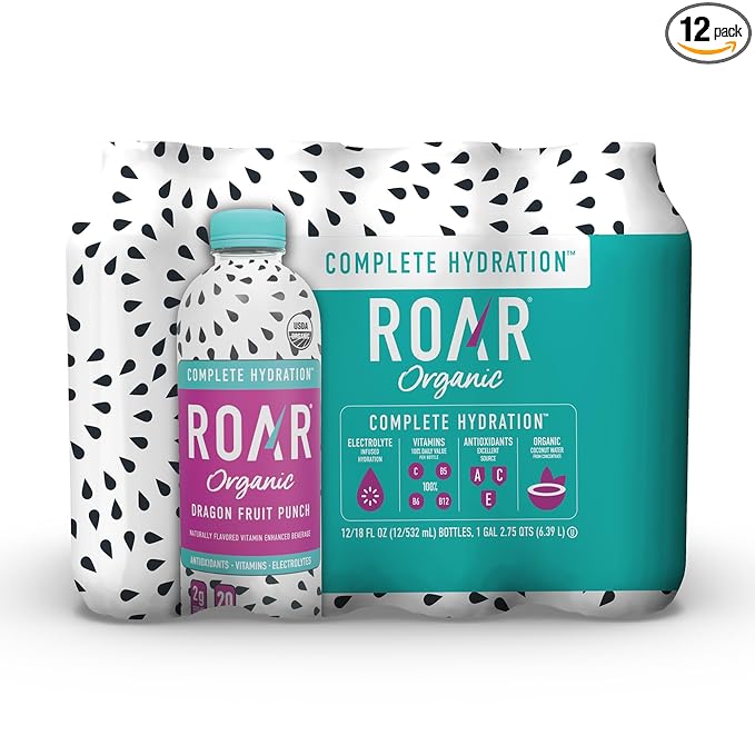 Roar Complete Hydration Organic - Electrolyte Drinks Loaded with Vitamins C, B5, B12 - Non-GMO, Gluten-Free - Dragonfruit Punch - 12 pc