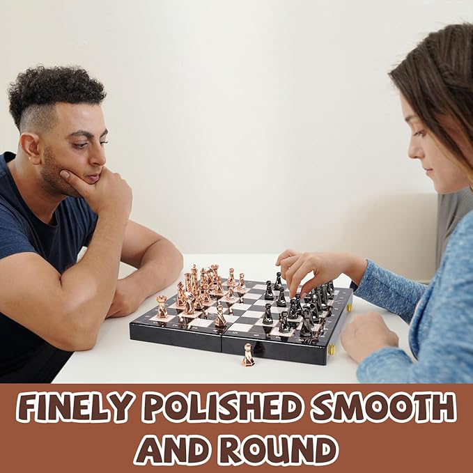 Metal Chess Set for Adults and Kids – 15" Wooden Chess Board with Modern Metal Chess Pieces Travel Chess Sets with Metal Chessmen – Collectible Elegant Chess Game – Family Vintage Board Game