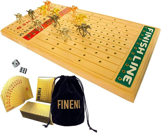 Horse Racing Game for Adults, Horse Race Board Game with 11 Luxurious Metal Horses (Gold, Silver, Black, Rose Gold), 22” Beech Wood Horse Race Game Board, Dice & Golden Card Included (Beech)