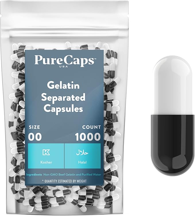 Purecaps USA - Empty Gelatin Pill Capsules Size 00| 1,000 Separated Pills| Black/White| Non-GMO Certified | SLS, Gluten, Preservative Free