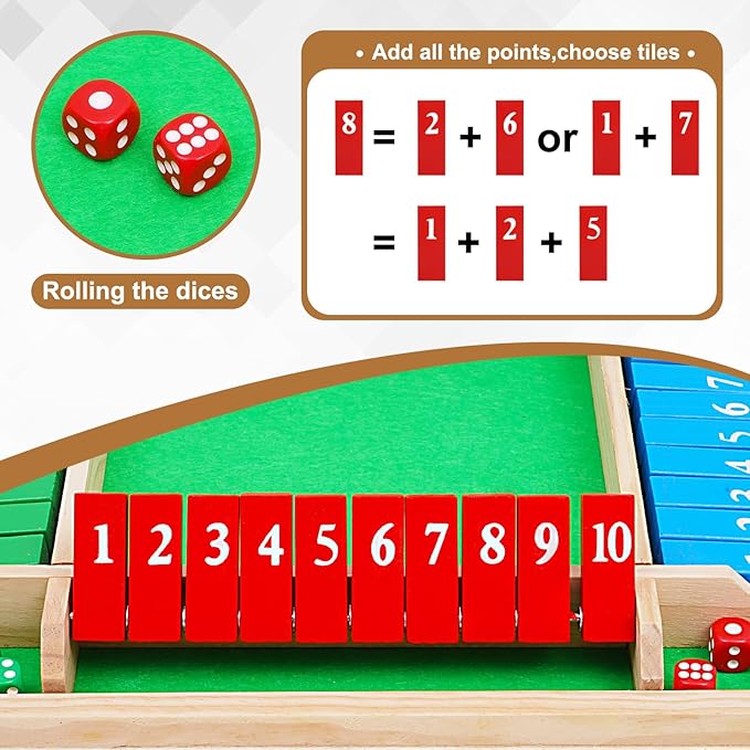 1-4 Players 12IN Large Shut The Box Dice Game, 10 Numbers Traditional Wooden Pub Bar Board Family Table Mat Game Dice for Kids and Adults