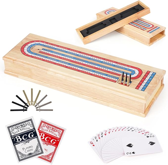 Wooden Cribbage Board Game Set, Premium Wooden Board with with Storage Drawer and Metal Pegs, Strategy Card Game Cribbage - Travel Portable Cribbage Game Sets for Family