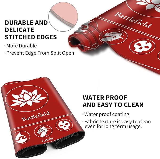 Card Playmat Stitched with Magic Zone for MTG Card Game Playing, Commander Board Game Desk Mat Duel Mat Card Battles Binder Deck 24x14inches for Beginner (Black, Red, 2 Pack)