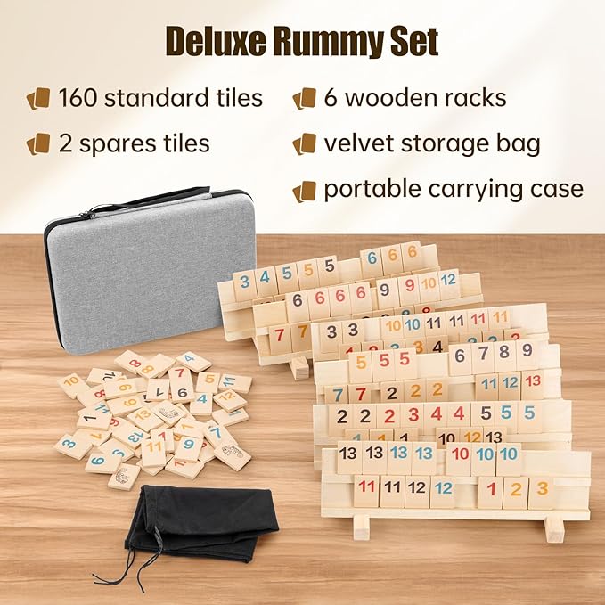 Rummy Cube Game 2-6 Players with 6 Wooden Racks/Trays and 162 Wood Rummy Cards, Bright and Large Number Edition Rummy Tiles and Portable Case, Classic Rummy Set for Adults and Family