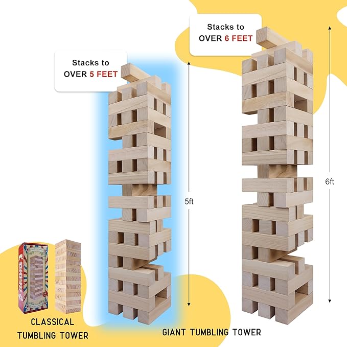GOTHINK Giant Tumbling Tower Game, Super Large 51pcs Wooden Blocks Stacking Game, Stack to Over 5 Feet, with Carry Bag, Jumbo Blocks Outdoor Indoor Game Toy Gift for Kids and Adults