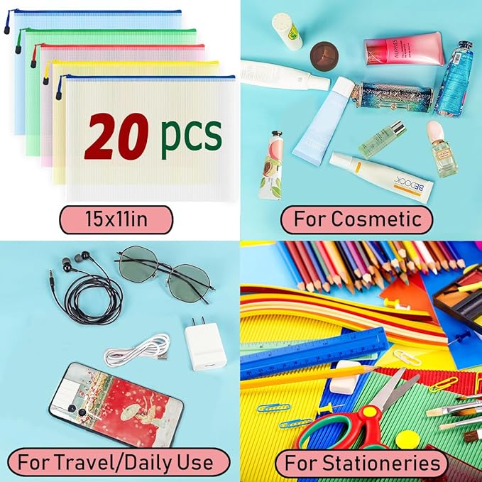 AUSTARK 20Pcs Board Games Storage Bags, PVC Mesh Zipper Pouches, Zippered File Bags, Plastic Waterproof Storage Bags for Office School Home Travel Cosmetic (B4 Size 15 x 11 Inches, Multicolored)