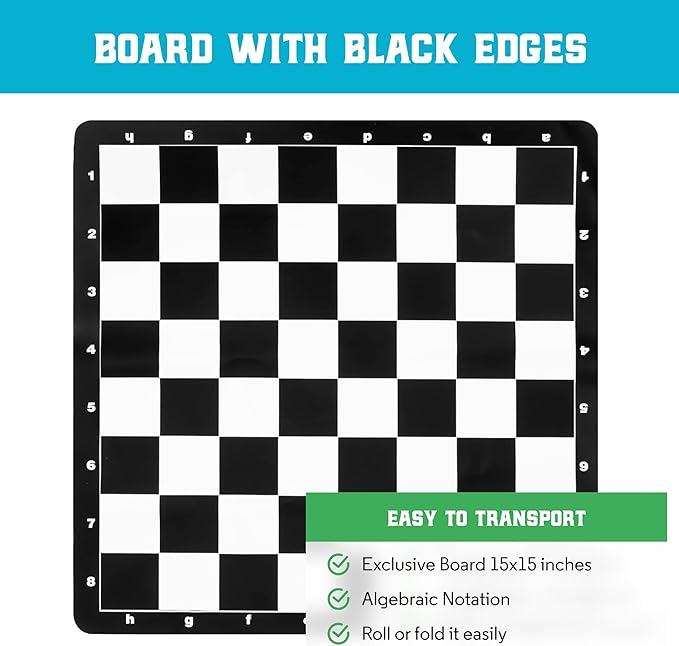 Best Chess Set Ever Portable Chess Set 1X Single Weighted Staunton Pieces with 15 in Foldable Silicone Chess Board, Lite Edition for Kids & Adults, Travel Chess Set for Begginers and Pros